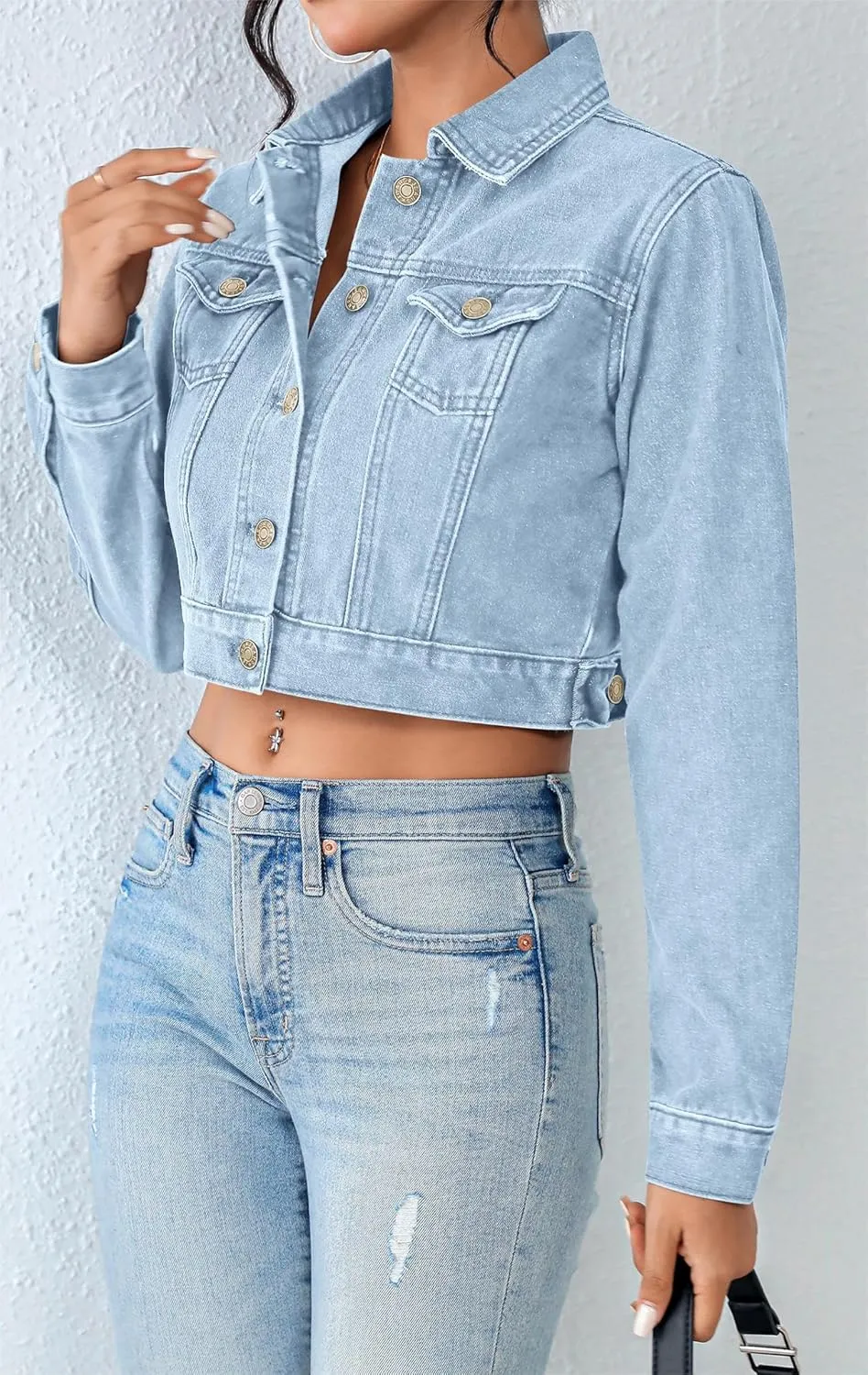 Grabsa Women's Button Down Long Sleeve Cropped Denim Jean Jacket with Pockets