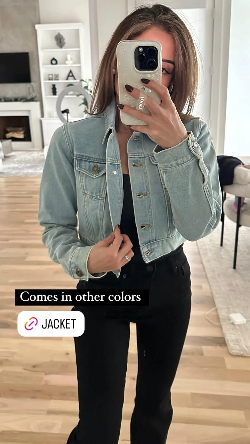 Grabsa Women's Button Down Long Sleeve Cropped Denim Jean Jacket with Pockets
