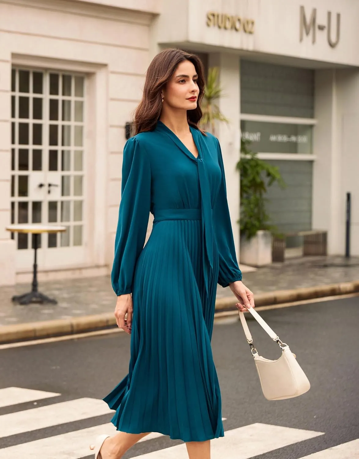 GRACE KARIN Womens 2024 Fall Long Sleeve Dress Casual V Neck Pleated A Line Flowy Midi Dresses