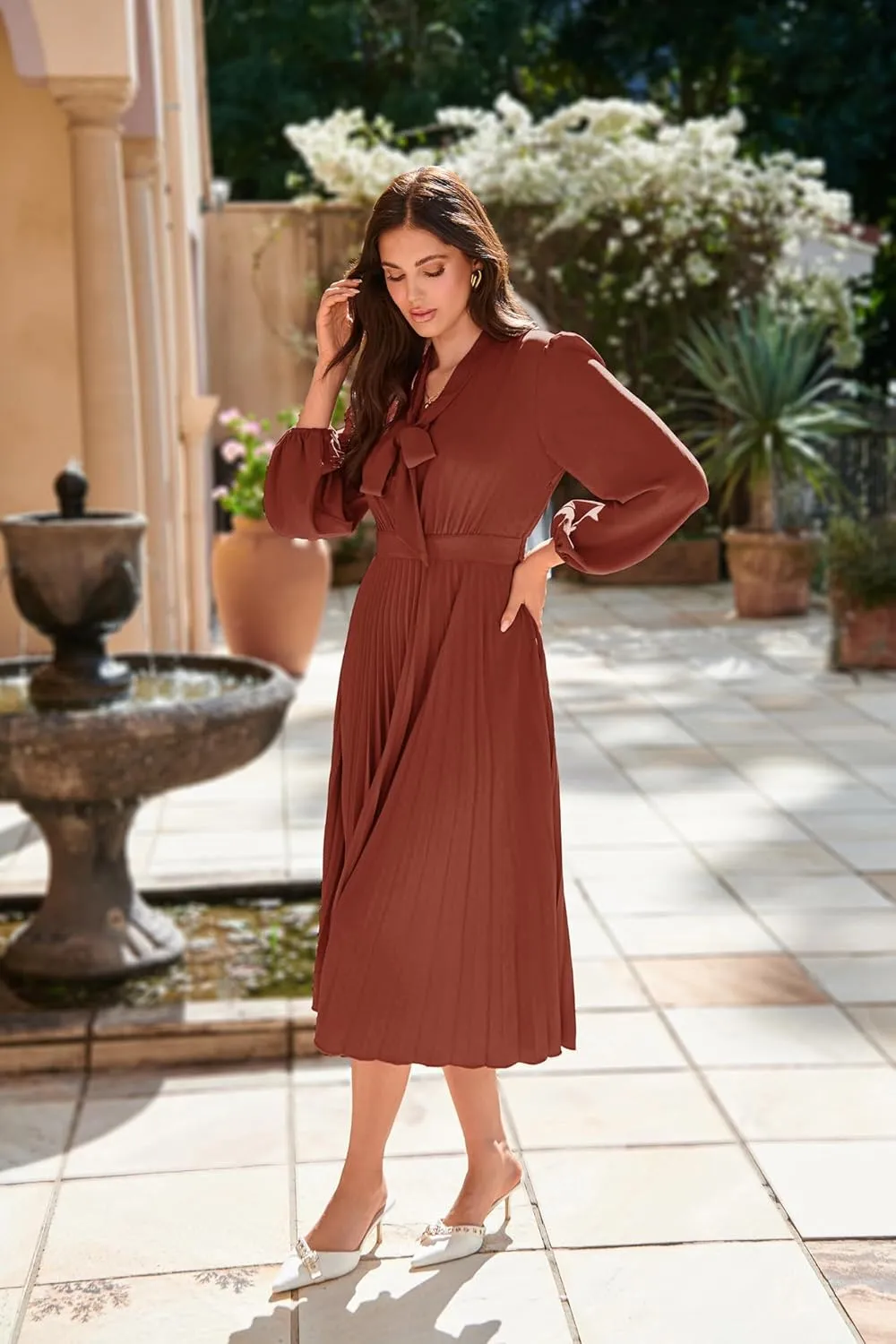 GRACE KARIN Womens 2024 Fall Long Sleeve Dress Casual V Neck Pleated A Line Flowy Midi Dresses