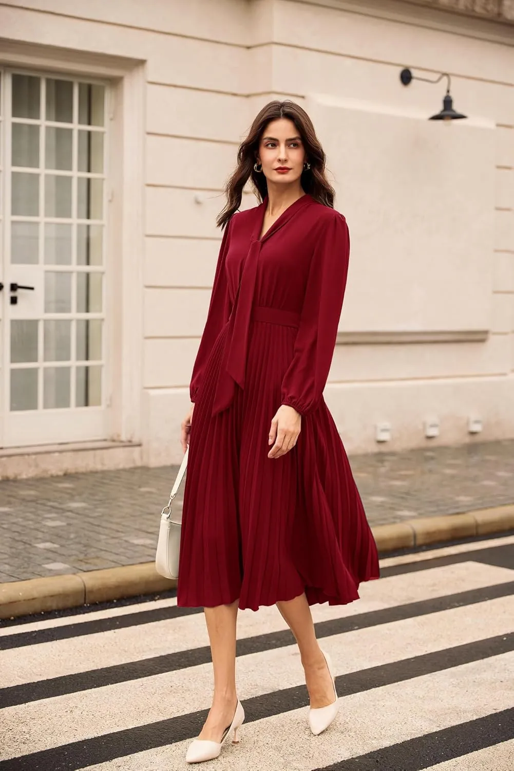GRACE KARIN Womens 2024 Fall Long Sleeve Dress Casual V Neck Pleated A Line Flowy Midi Dresses