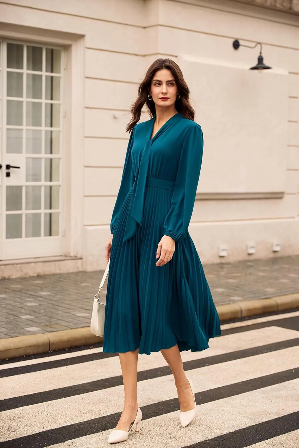 GRACE KARIN Womens 2024 Fall Long Sleeve Dress Casual V Neck Pleated A Line Flowy Midi Dresses