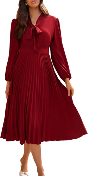 GRACE KARIN Womens 2024 Fall Long Sleeve Dress Casual V Neck Pleated A Line Flowy Midi Dresses