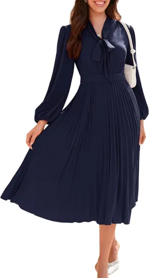 GRACE KARIN Womens 2024 Fall Long Sleeve Dress Casual V Neck Pleated A Line Flowy Midi Dresses