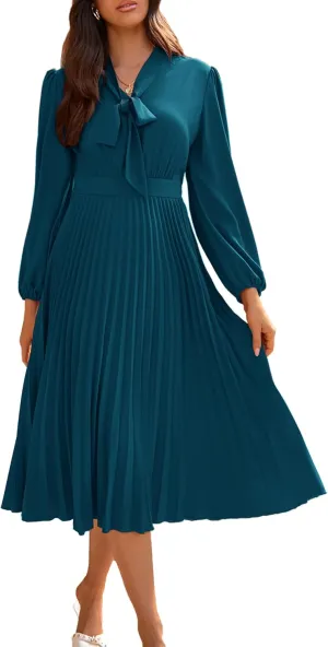 GRACE KARIN Womens 2024 Fall Long Sleeve Dress Casual V Neck Pleated A Line Flowy Midi Dresses