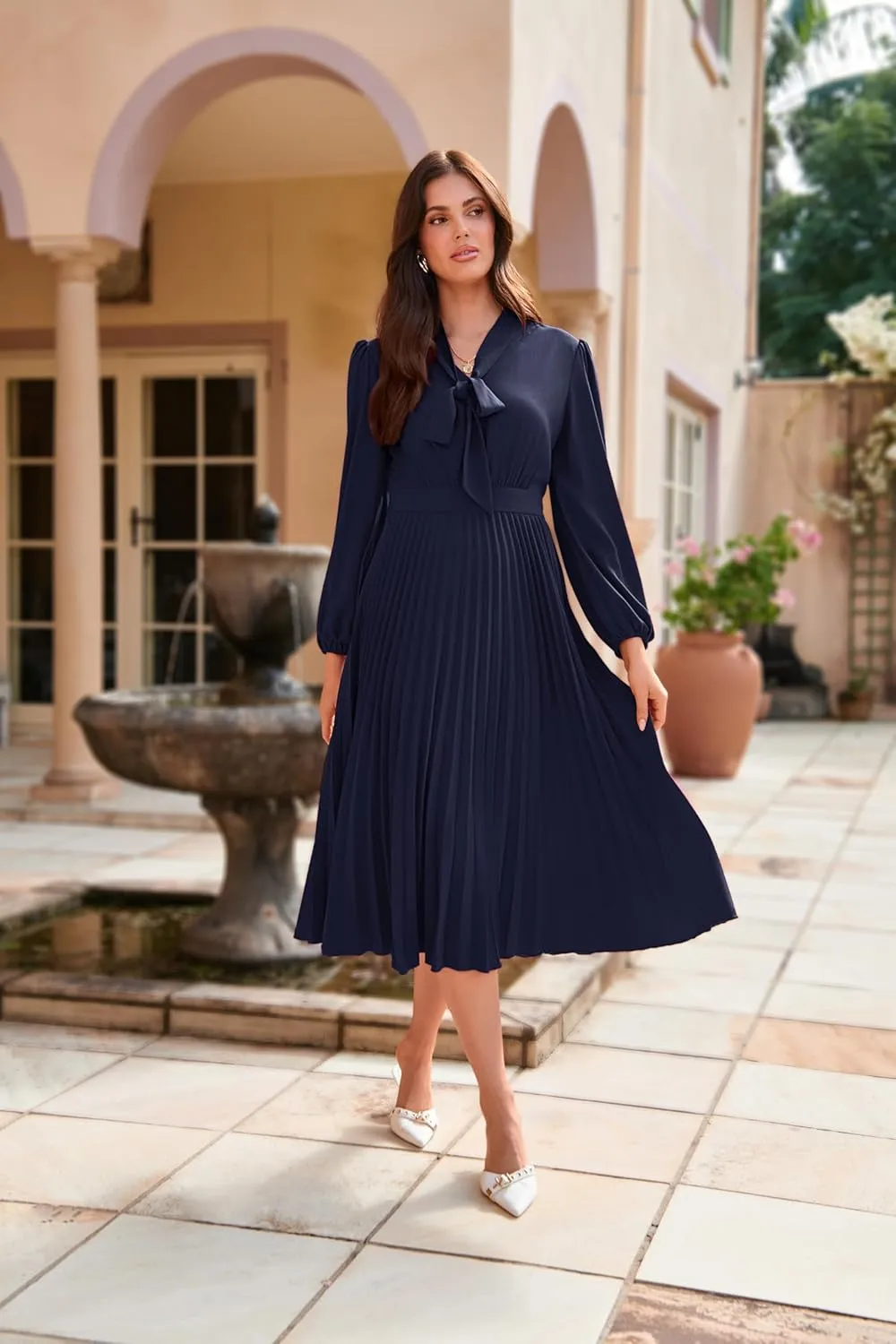 GRACE KARIN Womens 2024 Fall Long Sleeve Dress Casual V Neck Pleated A Line Flowy Midi Dresses