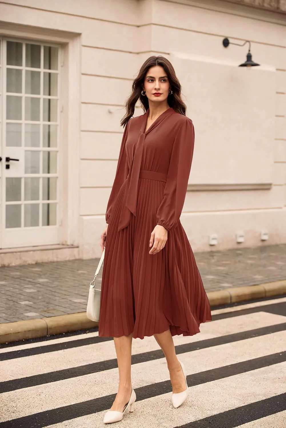 GRACE KARIN Womens 2024 Fall Long Sleeve Dress Casual V Neck Pleated A Line Flowy Midi Dresses