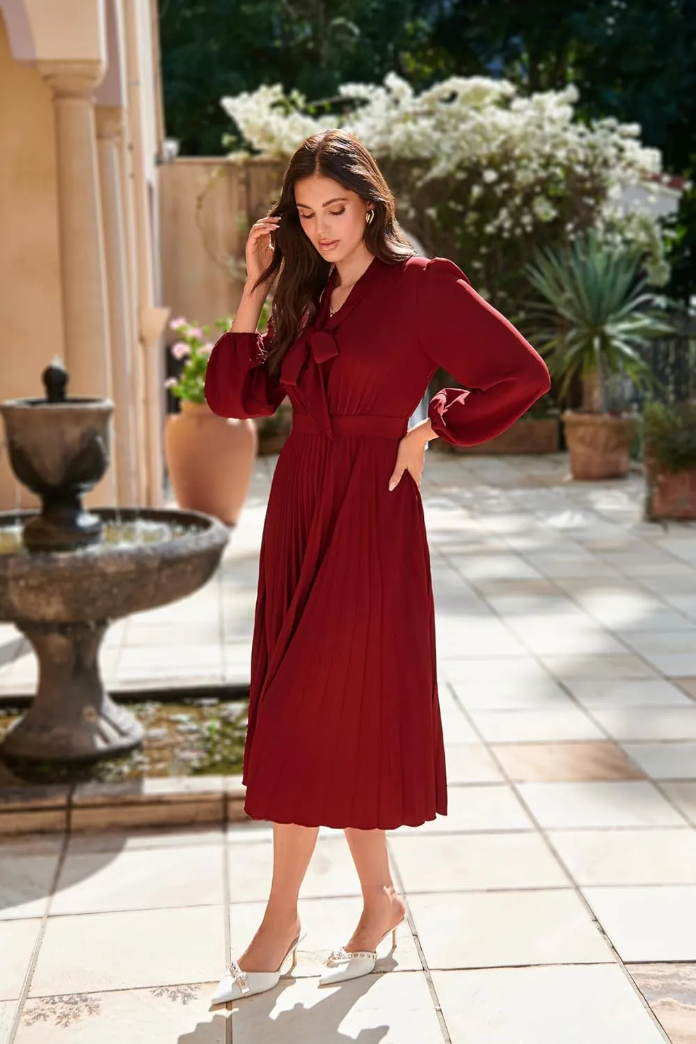 GRACE KARIN Womens 2024 Fall Long Sleeve Dress Casual V Neck Pleated A Line Flowy Midi Dresses
