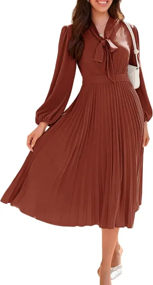 GRACE KARIN Womens 2024 Fall Long Sleeve Dress Casual V Neck Pleated A Line Flowy Midi Dresses