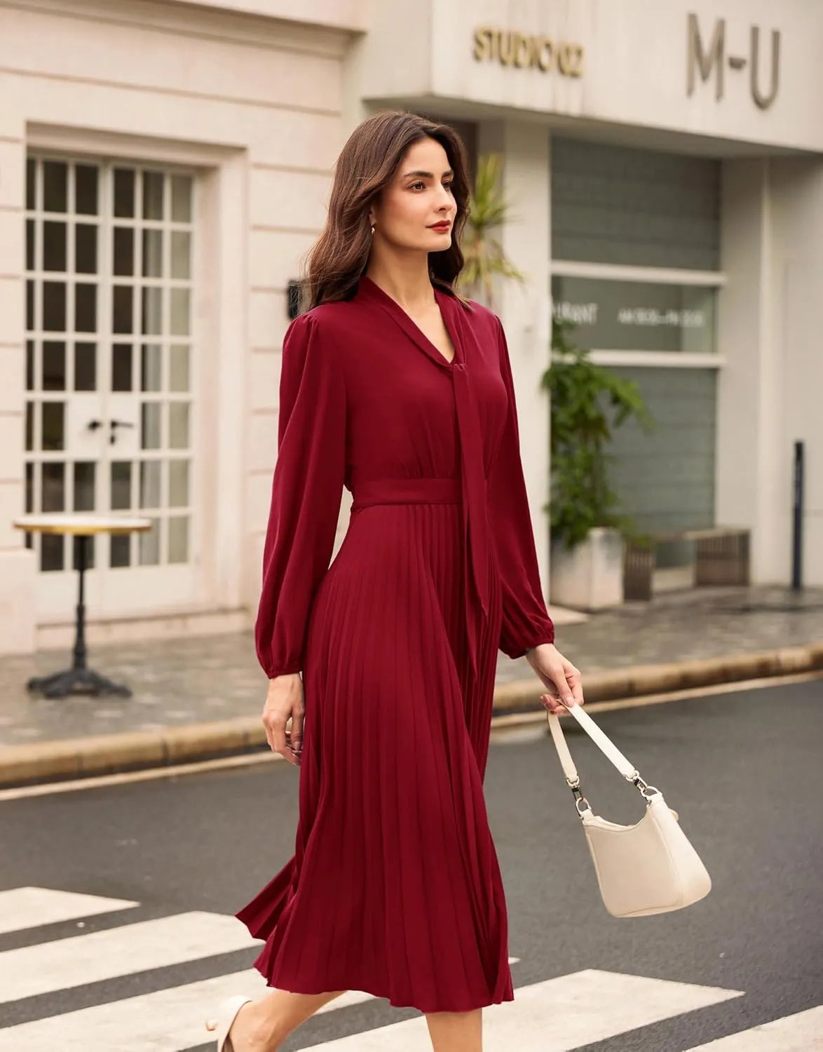 GRACE KARIN Womens 2024 Fall Long Sleeve Dress Casual V Neck Pleated A Line Flowy Midi Dresses