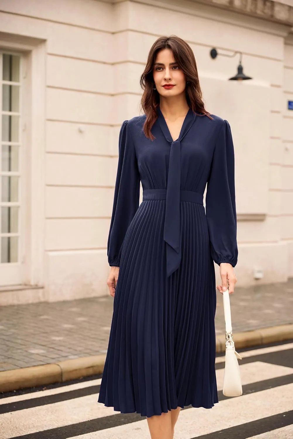 GRACE KARIN Womens 2024 Fall Long Sleeve Dress Casual V Neck Pleated A Line Flowy Midi Dresses