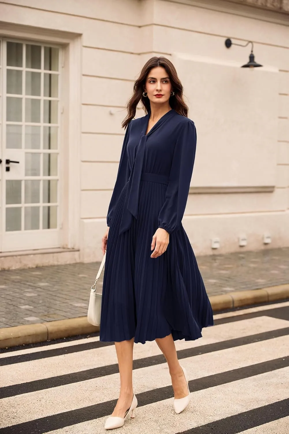 GRACE KARIN Womens 2024 Fall Long Sleeve Dress Casual V Neck Pleated A Line Flowy Midi Dresses