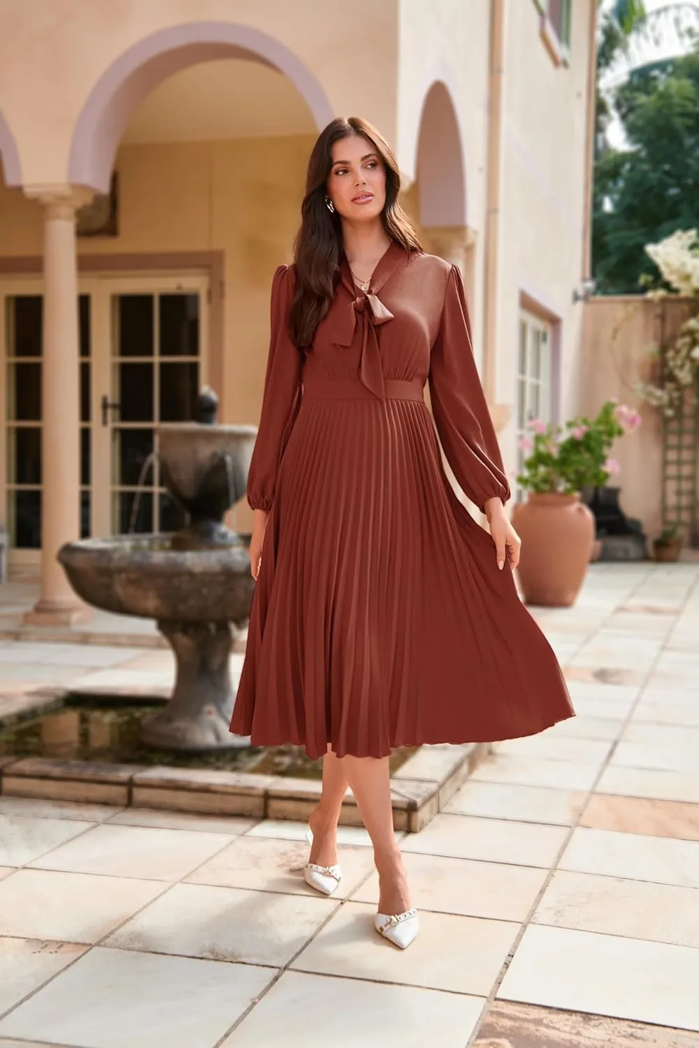 GRACE KARIN Womens 2024 Fall Long Sleeve Dress Casual V Neck Pleated A Line Flowy Midi Dresses