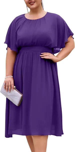 Hanna Nikole Plus Size Chiffon Dresses for Women Flounce Sleeves Empire Waist A Line Summer Beach Dress
