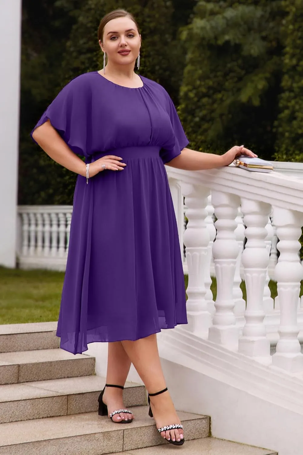 Hanna Nikole Plus Size Chiffon Dresses for Women Flounce Sleeves Empire Waist A Line Summer Beach Dress