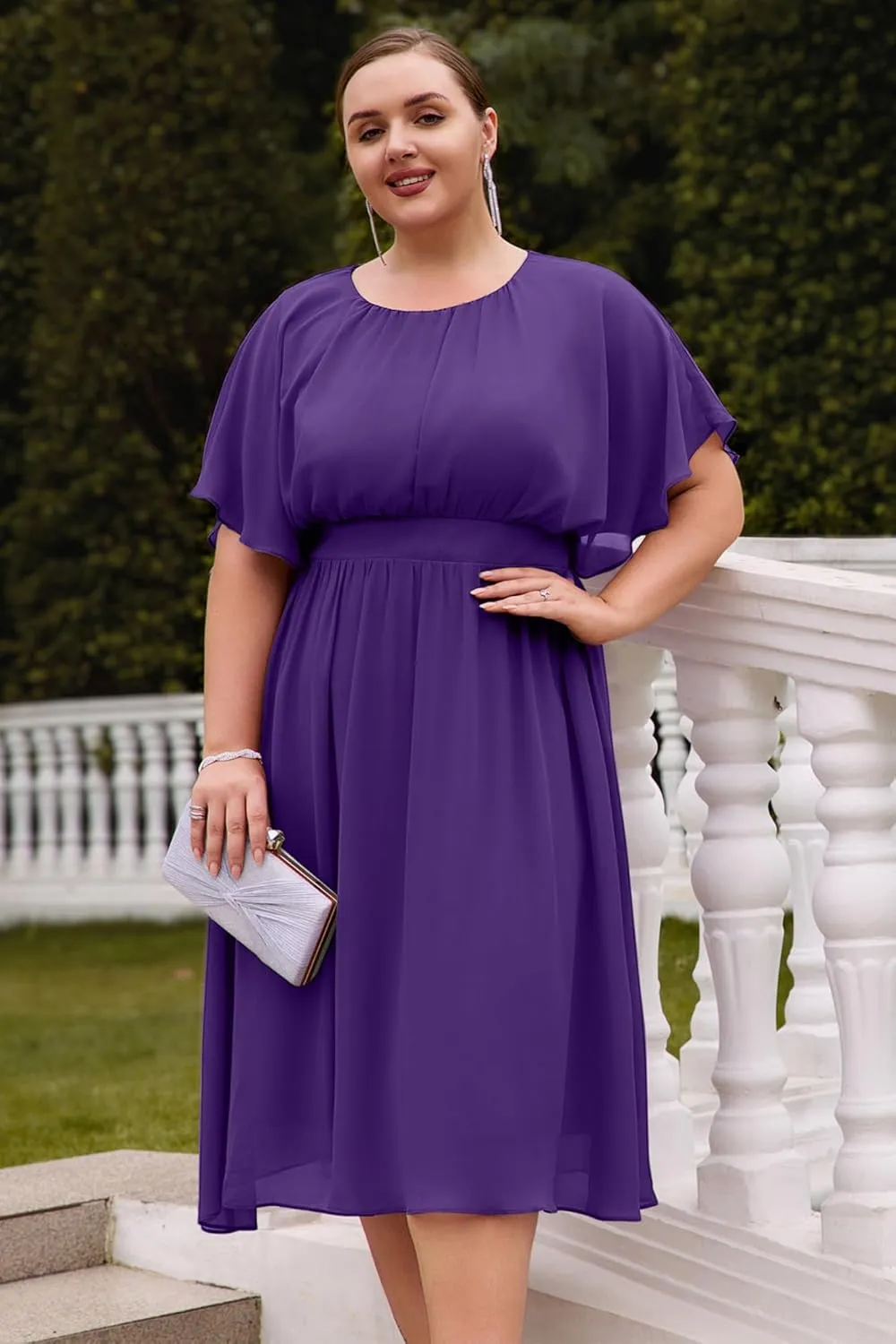 Hanna Nikole Plus Size Chiffon Dresses for Women Flounce Sleeves Empire Waist A Line Summer Beach Dress