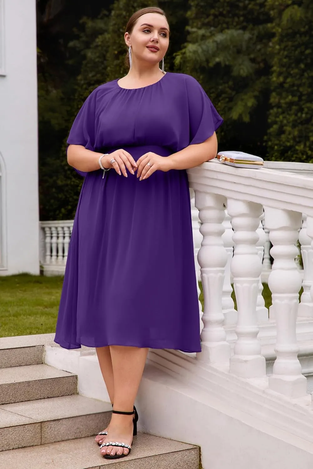 Hanna Nikole Plus Size Chiffon Dresses for Women Flounce Sleeves Empire Waist A Line Summer Beach Dress
