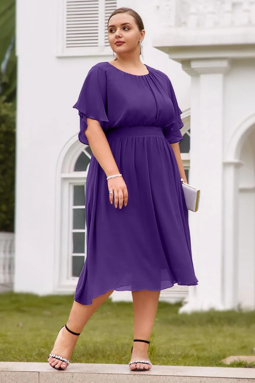 Hanna Nikole Plus Size Chiffon Dresses for Women Flounce Sleeves Empire Waist A Line Summer Beach Dress