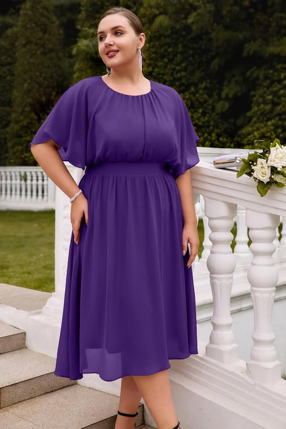 Hanna Nikole Plus Size Chiffon Dresses for Women Flounce Sleeves Empire Waist A Line Summer Beach Dress