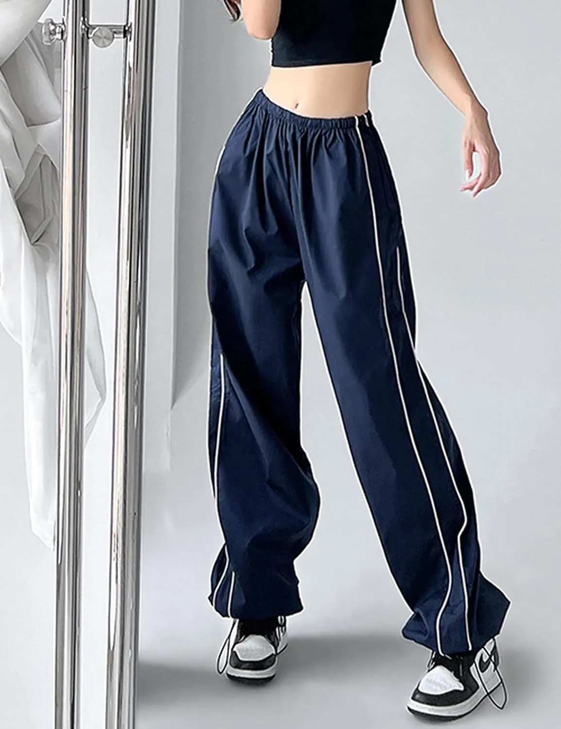Himosyber Women's Parachute Pants Baggy Elasitc Waist Relaxed Y2K Track Pant Trousers