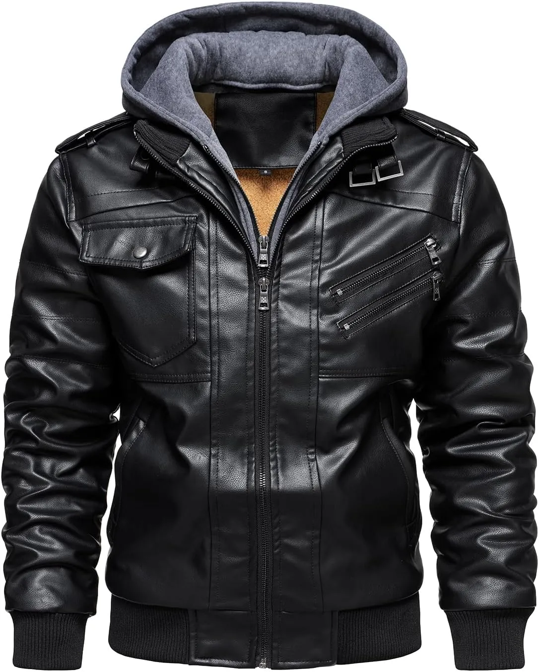 HOOD CREW Mens Casual Stand Collar PU Faux Leather Zip-Up Motorcycle Bomber Jacket With a Removable Hood