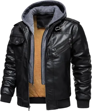 HOOD CREW Mens Casual Stand Collar PU Faux Leather Zip-Up Motorcycle Bomber Jacket With a Removable Hood