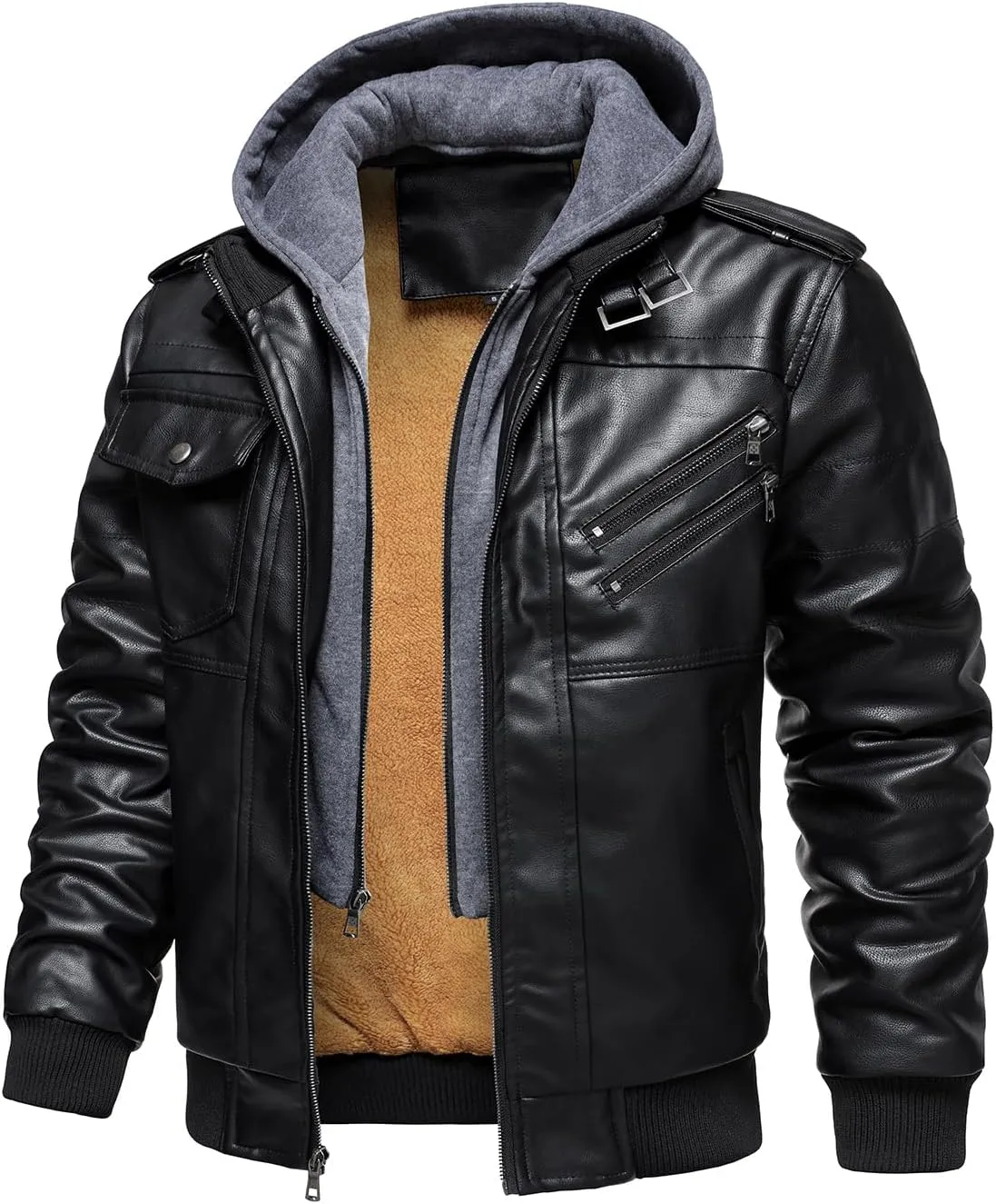 HOOD CREW Mens Casual Stand Collar PU Faux Leather Zip-Up Motorcycle Bomber Jacket With a Removable Hood