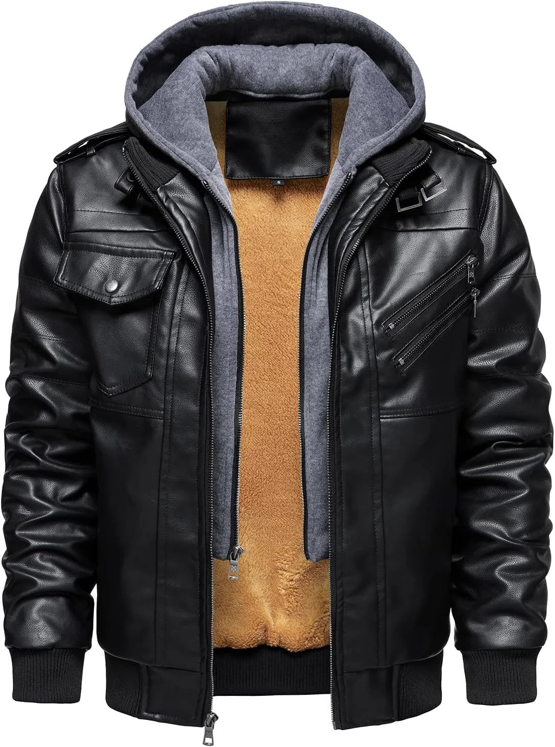 HOOD CREW Mens Casual Stand Collar PU Faux Leather Zip-Up Motorcycle Bomber Jacket With a Removable Hood