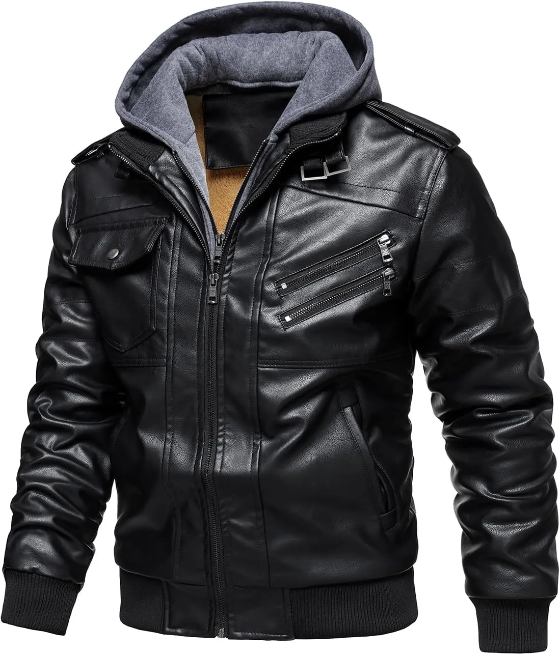 HOOD CREW Mens Casual Stand Collar PU Faux Leather Zip-Up Motorcycle Bomber Jacket With a Removable Hood