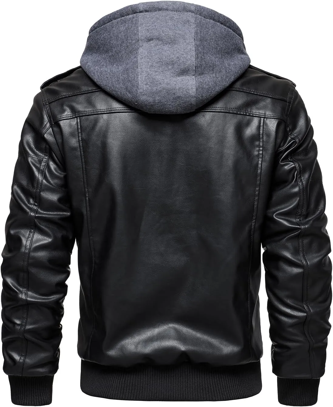 HOOD CREW Mens Casual Stand Collar PU Faux Leather Zip-Up Motorcycle Bomber Jacket With a Removable Hood