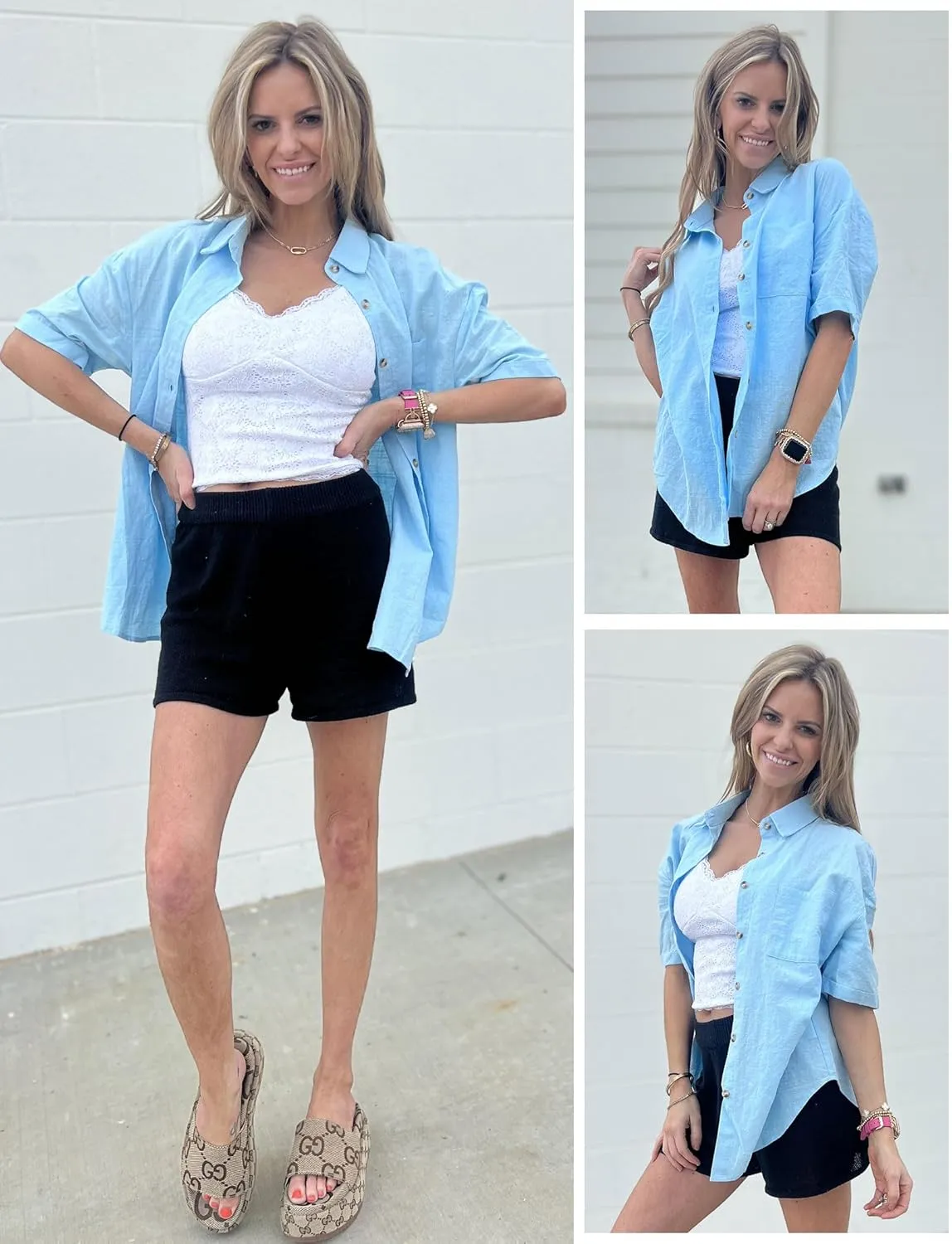 HOTOUCH Linen Shirts for Women Button Down Shirt Cotton Short Sleeve Loose Fit Blouse Collared Casual Work Tops S-XXL