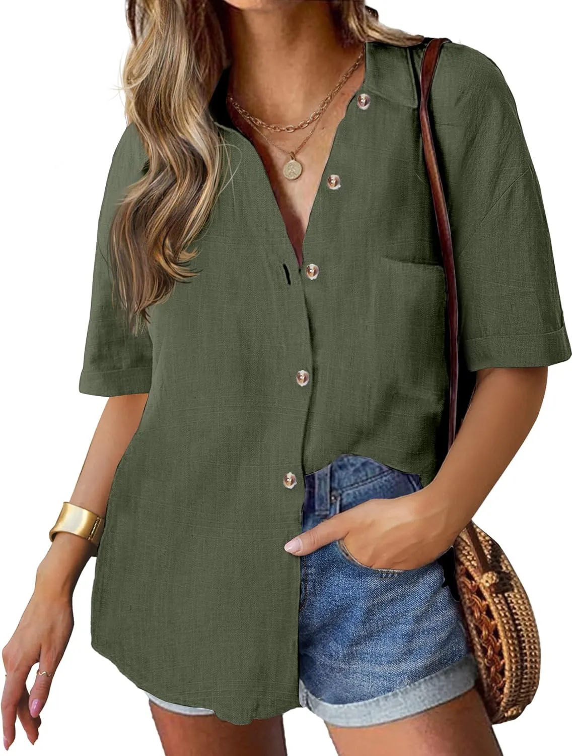 HOTOUCH Linen Shirts for Women Button Down Shirt Cotton Short Sleeve Loose Fit Blouse Collared Casual Work Tops S-XXL