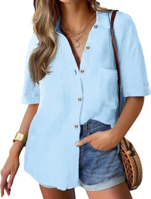 HOTOUCH Linen Shirts for Women Button Down Shirt Cotton Short Sleeve Loose Fit Blouse Collared Casual Work Tops S-XXL