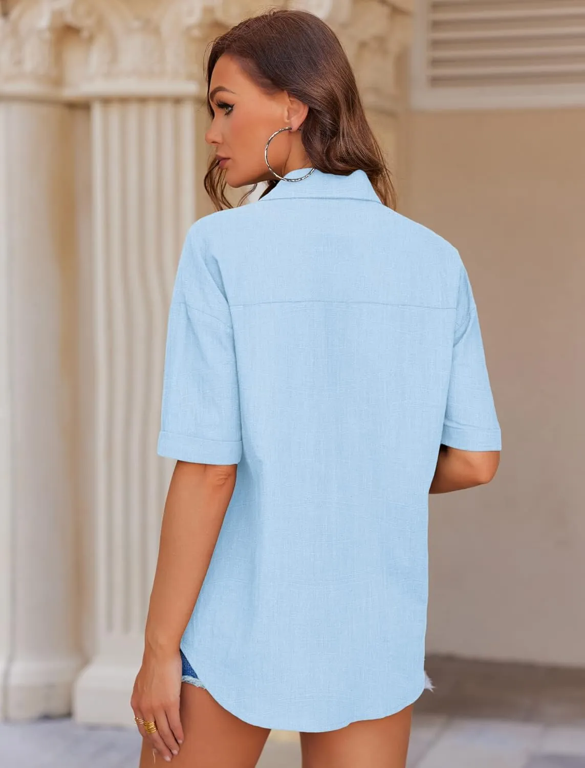 HOTOUCH Linen Shirts for Women Button Down Shirt Cotton Short Sleeve Loose Fit Blouse Collared Casual Work Tops S-XXL