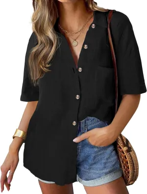 HOTOUCH Linen Shirts for Women Button Down Shirt Cotton Short Sleeve Loose Fit Blouse Collared Casual Work Tops S-XXL