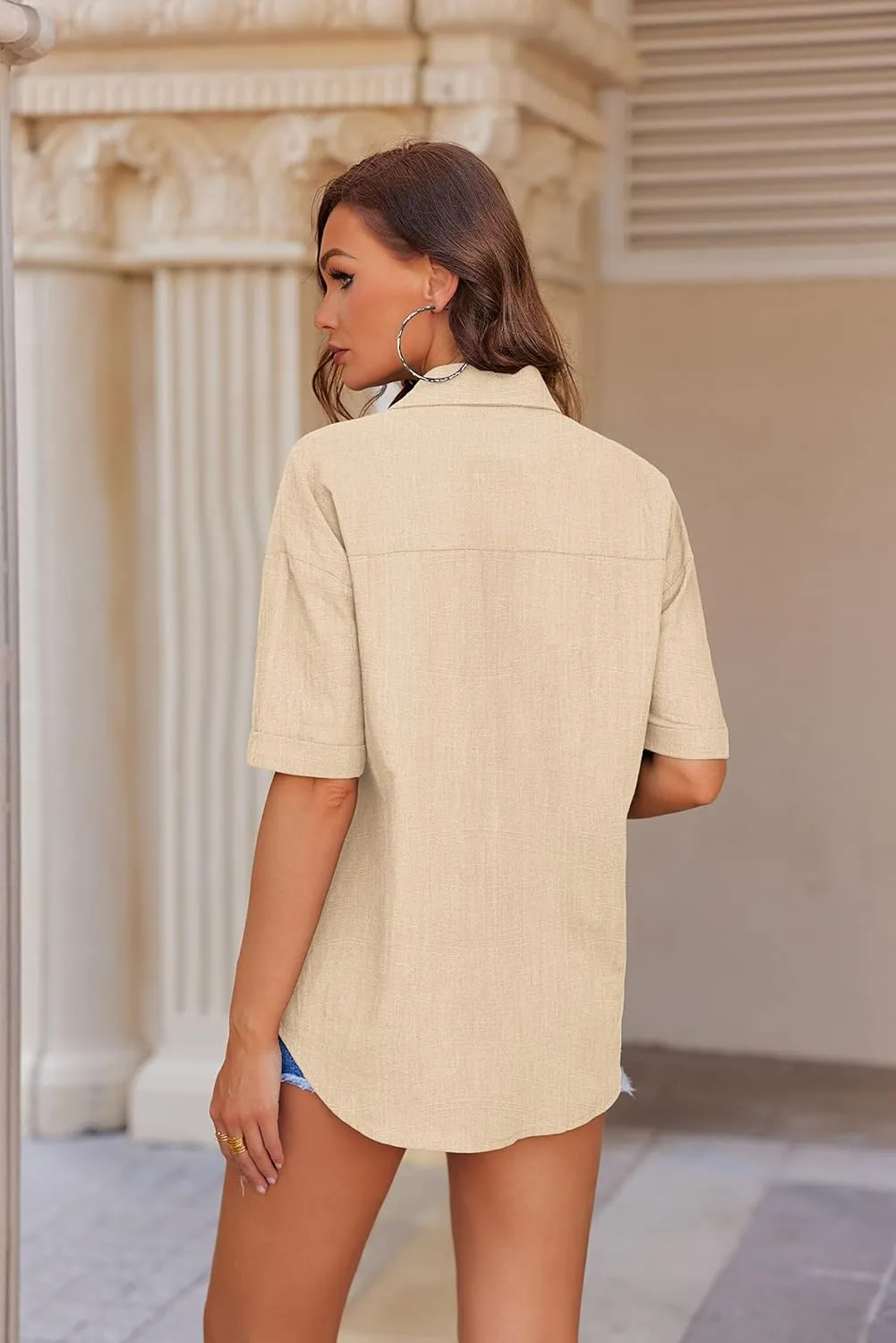 HOTOUCH Linen Shirts for Women Button Down Shirt Cotton Short Sleeve Loose Fit Blouse Collared Casual Work Tops S-XXL