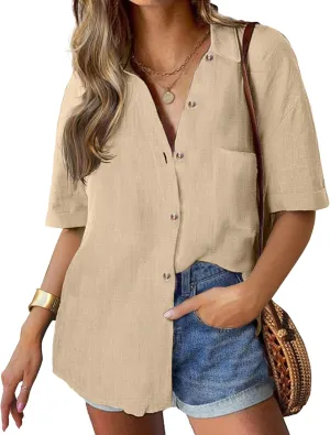 HOTOUCH Linen Shirts for Women Button Down Shirt Cotton Short Sleeve Loose Fit Blouse Collared Casual Work Tops S-XXL