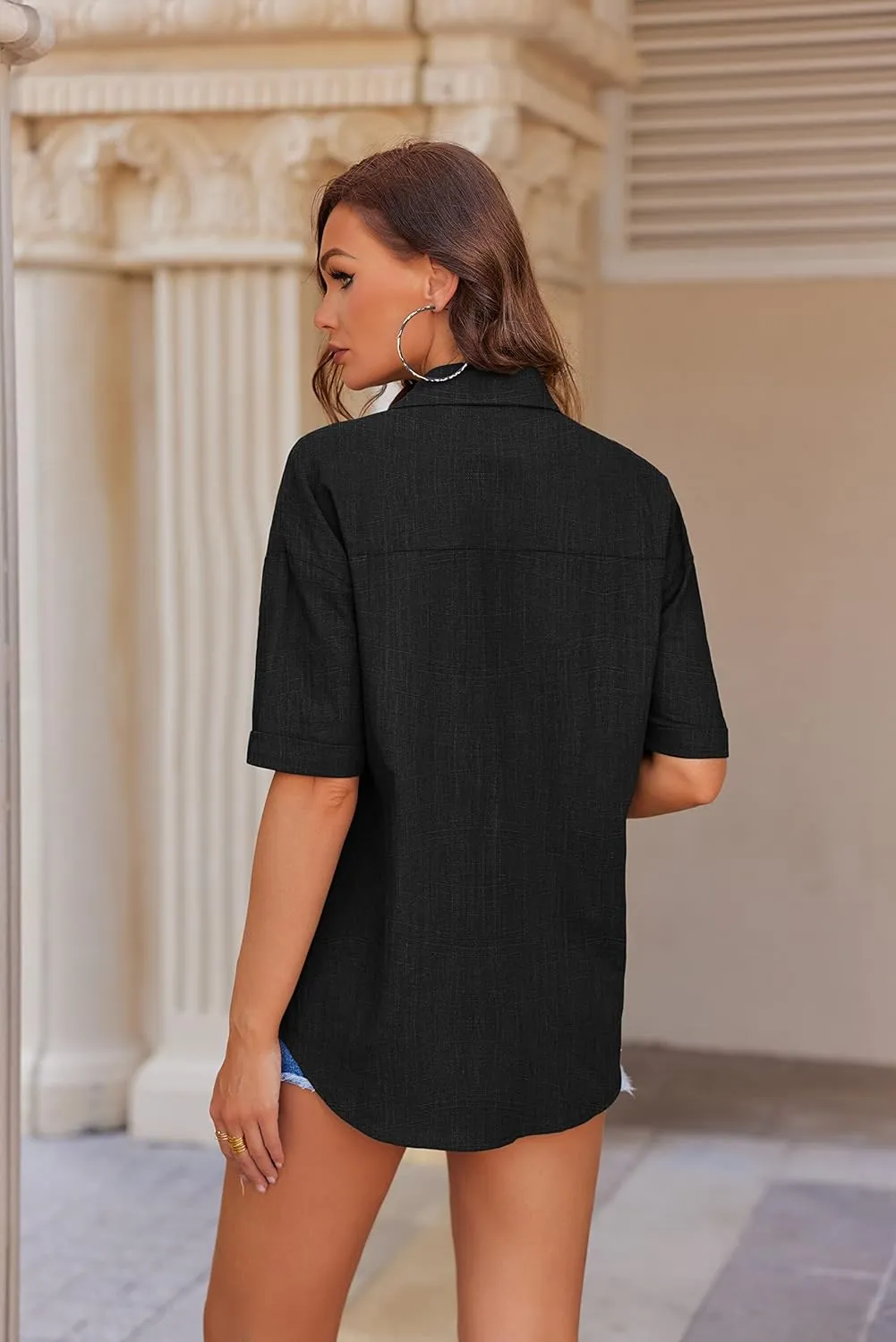 HOTOUCH Linen Shirts for Women Button Down Shirt Cotton Short Sleeve Loose Fit Blouse Collared Casual Work Tops S-XXL