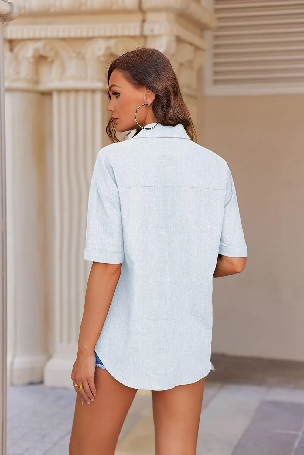 HOTOUCH Linen Shirts for Women Button Down Shirt Cotton Short Sleeve Loose Fit Blouse Collared Casual Work Tops S-XXL