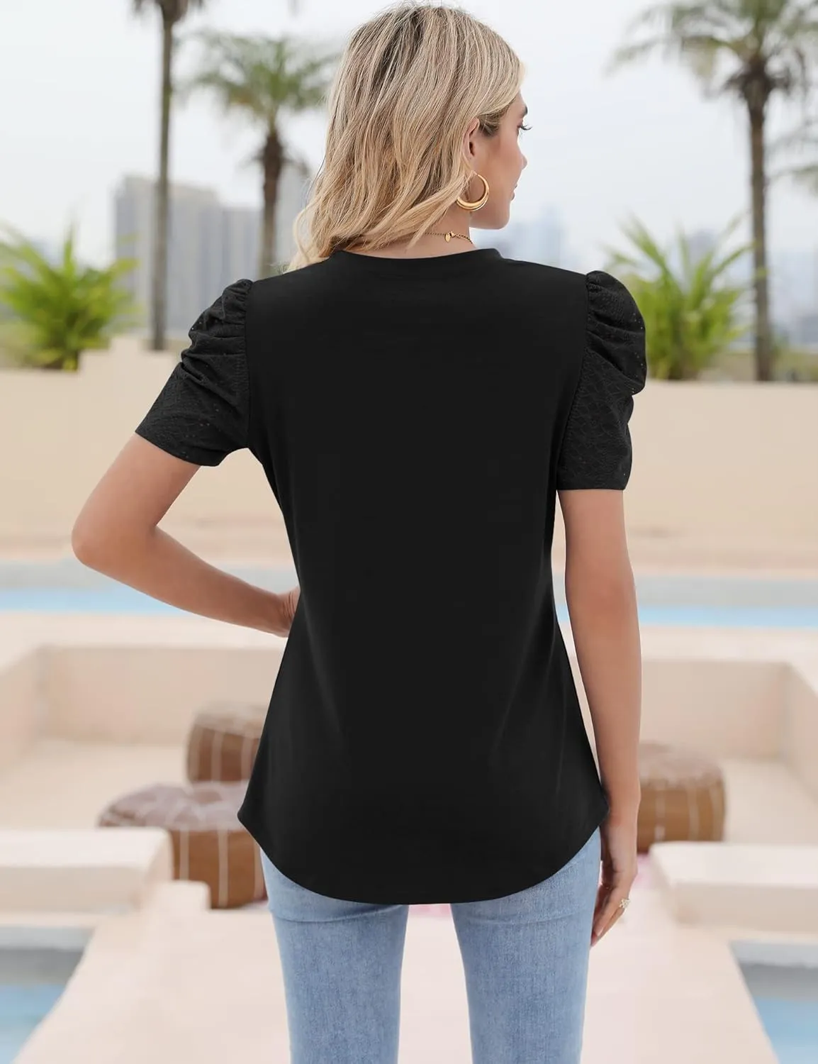 Ivicoer Puff Short Sleeve Shirt for Women Eyelet Tops Summer Crewneck Blouse Loose Fit S-XXL