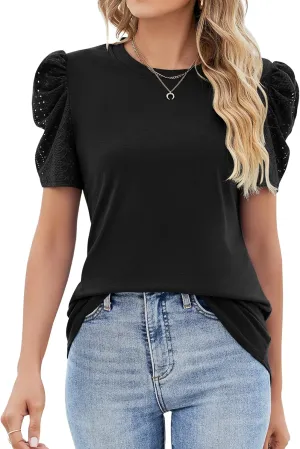 Ivicoer Puff Short Sleeve Shirt for Women Eyelet Tops Summer Crewneck Blouse Loose Fit S-XXL