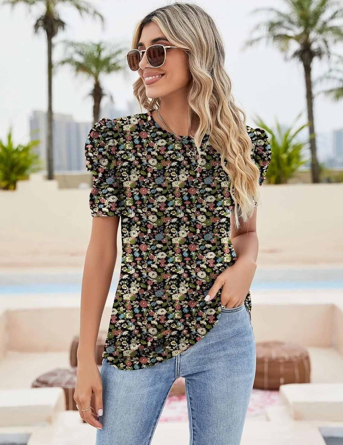 Ivicoer Puff Short Sleeve Shirt for Women Eyelet Tops Summer Crewneck Blouse Loose Fit S-XXL