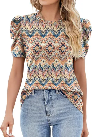 Ivicoer Puff Short Sleeve Shirt for Women Eyelet Tops Summer Crewneck Blouse Loose Fit S-XXL