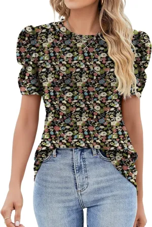Ivicoer Puff Short Sleeve Shirt for Women Eyelet Tops Summer Crewneck Blouse Loose Fit S-XXL