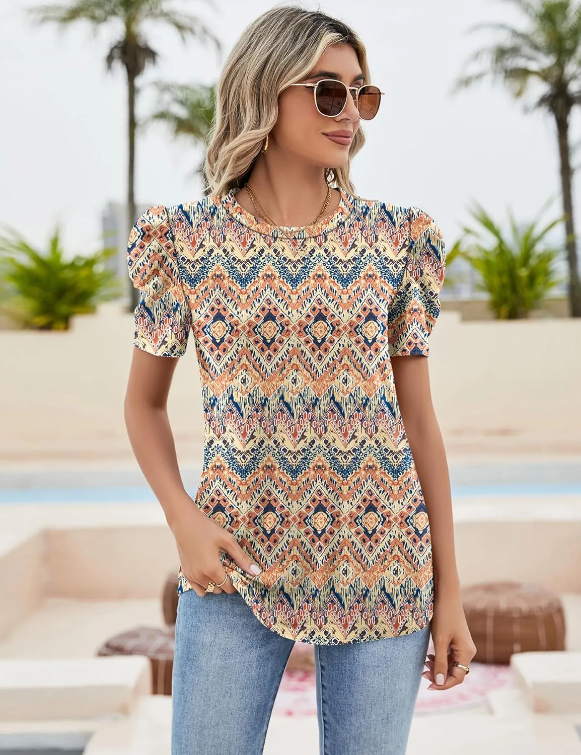 Ivicoer Puff Short Sleeve Shirt for Women Eyelet Tops Summer Crewneck Blouse Loose Fit S-XXL