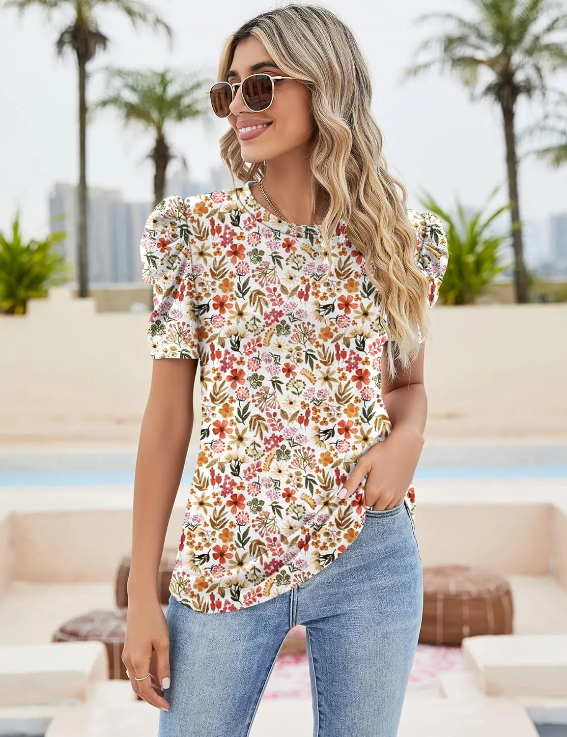 Ivicoer Puff Short Sleeve Shirt for Women Eyelet Tops Summer Crewneck Blouse Loose Fit S-XXL