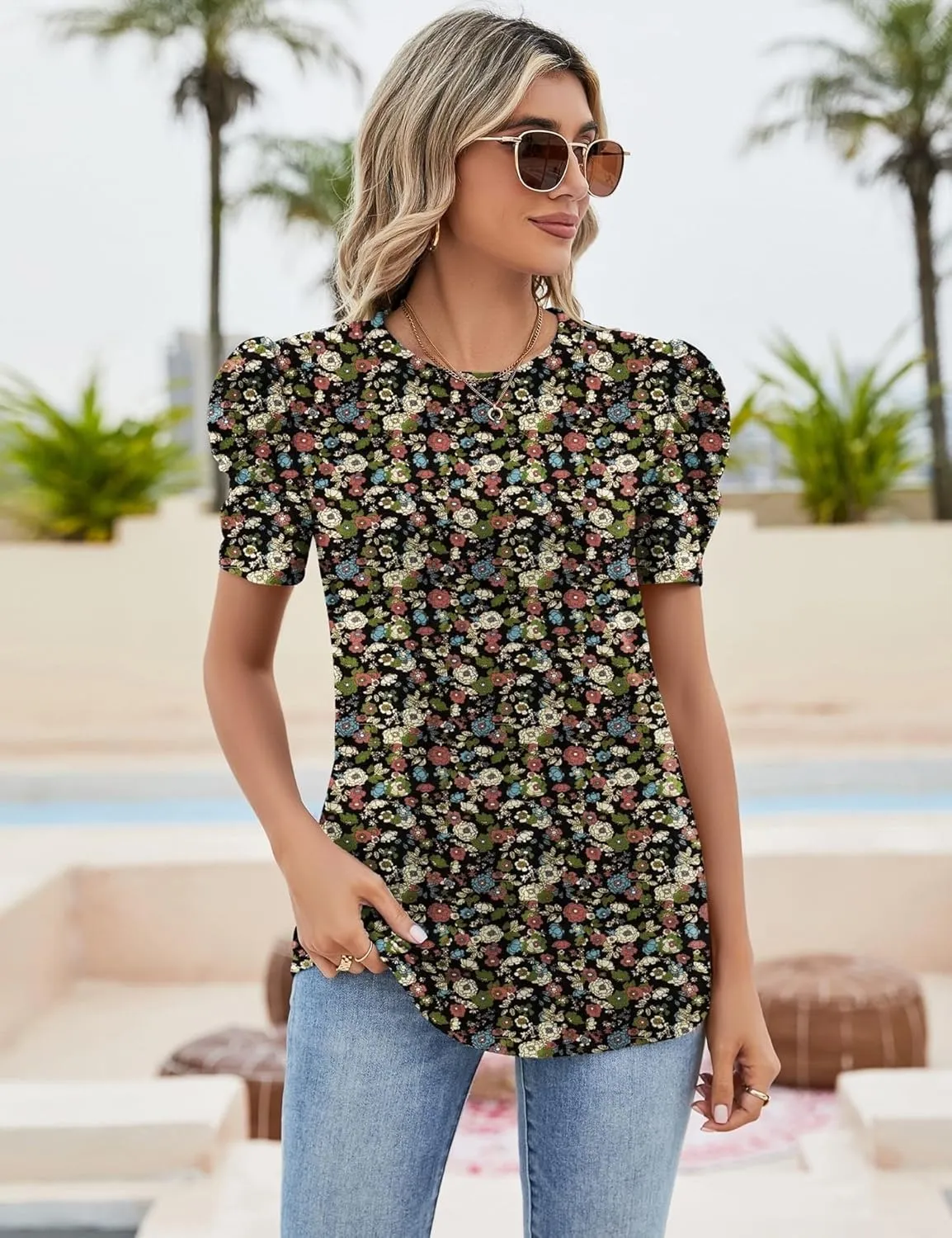 Ivicoer Puff Short Sleeve Shirt for Women Eyelet Tops Summer Crewneck Blouse Loose Fit S-XXL