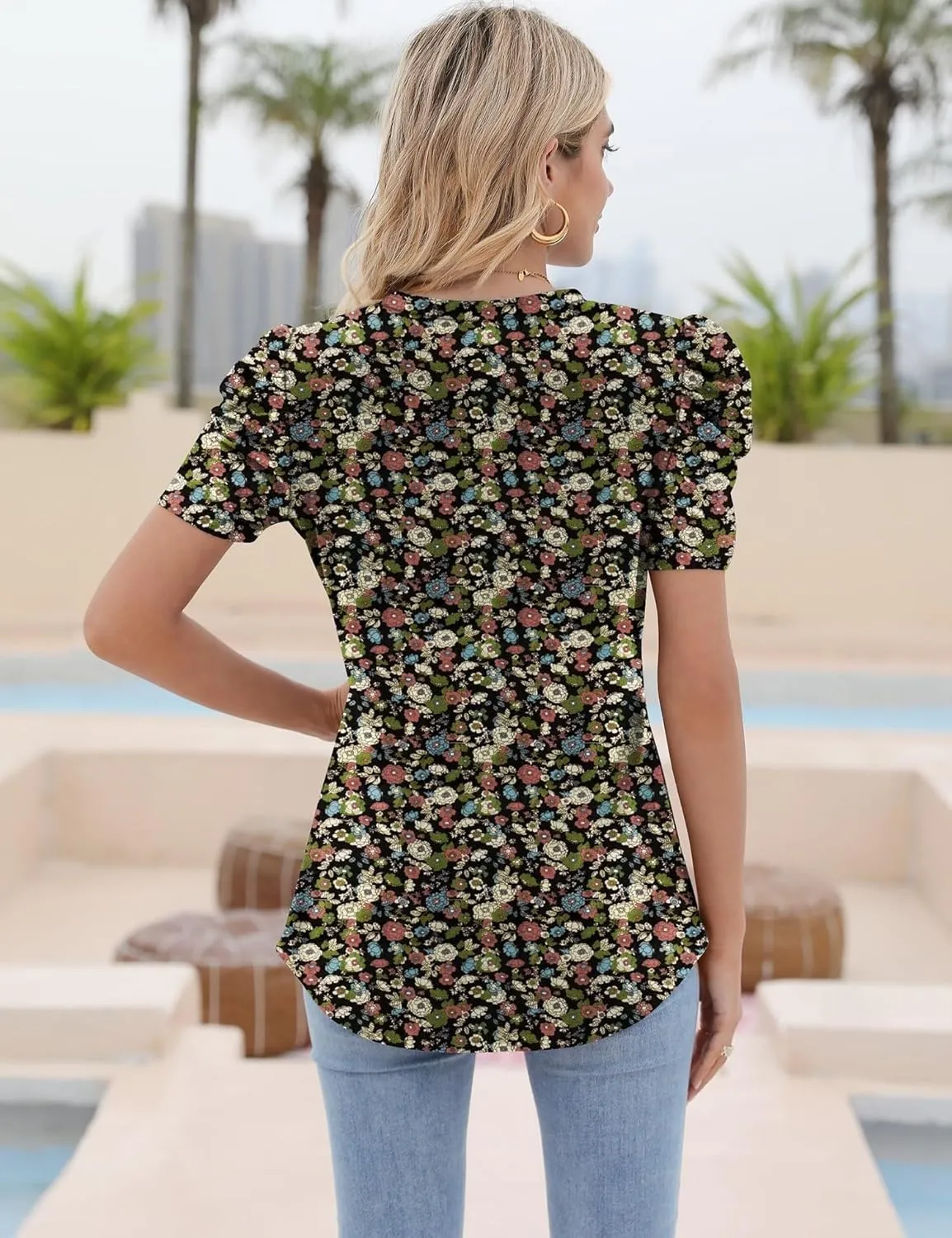 Ivicoer Puff Short Sleeve Shirt for Women Eyelet Tops Summer Crewneck Blouse Loose Fit S-XXL