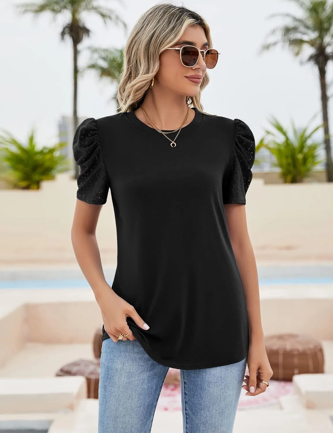 Ivicoer Puff Short Sleeve Shirt for Women Eyelet Tops Summer Crewneck Blouse Loose Fit S-XXL