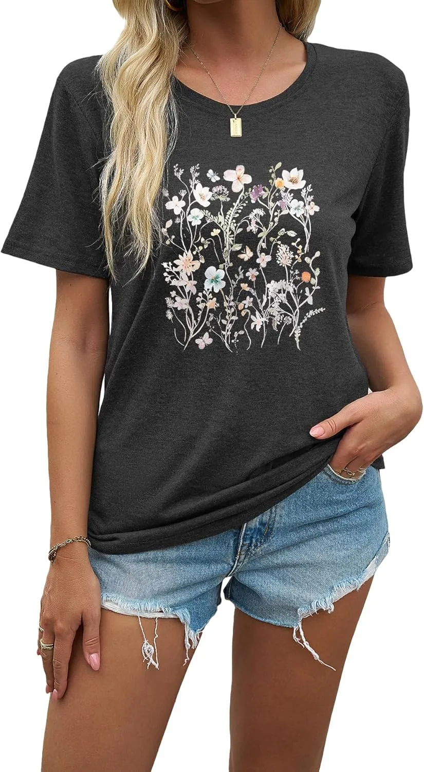 J&DHUASHA Women's Sunflower T-Shirt Short Sleeve Crewneck Floral Graphic Tees Summer Print Casual Tops